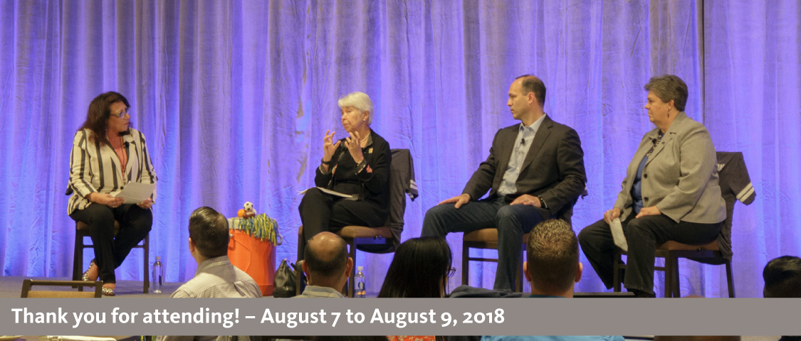 2018 People Management Conference photo of the leadership huddle featuring Excutive Director of Systemwide Talent Management and conference moderator Donna Salvo, UC Berkeley Chancellor Carol Christ, Senior Vice President and Chief Compliance and Audit Officer Alexander Bustamante, and Vice President of UC Agricultural and Natural Resources Glenda Humiston - thank you for attending! - August 7 to August 9, 2018